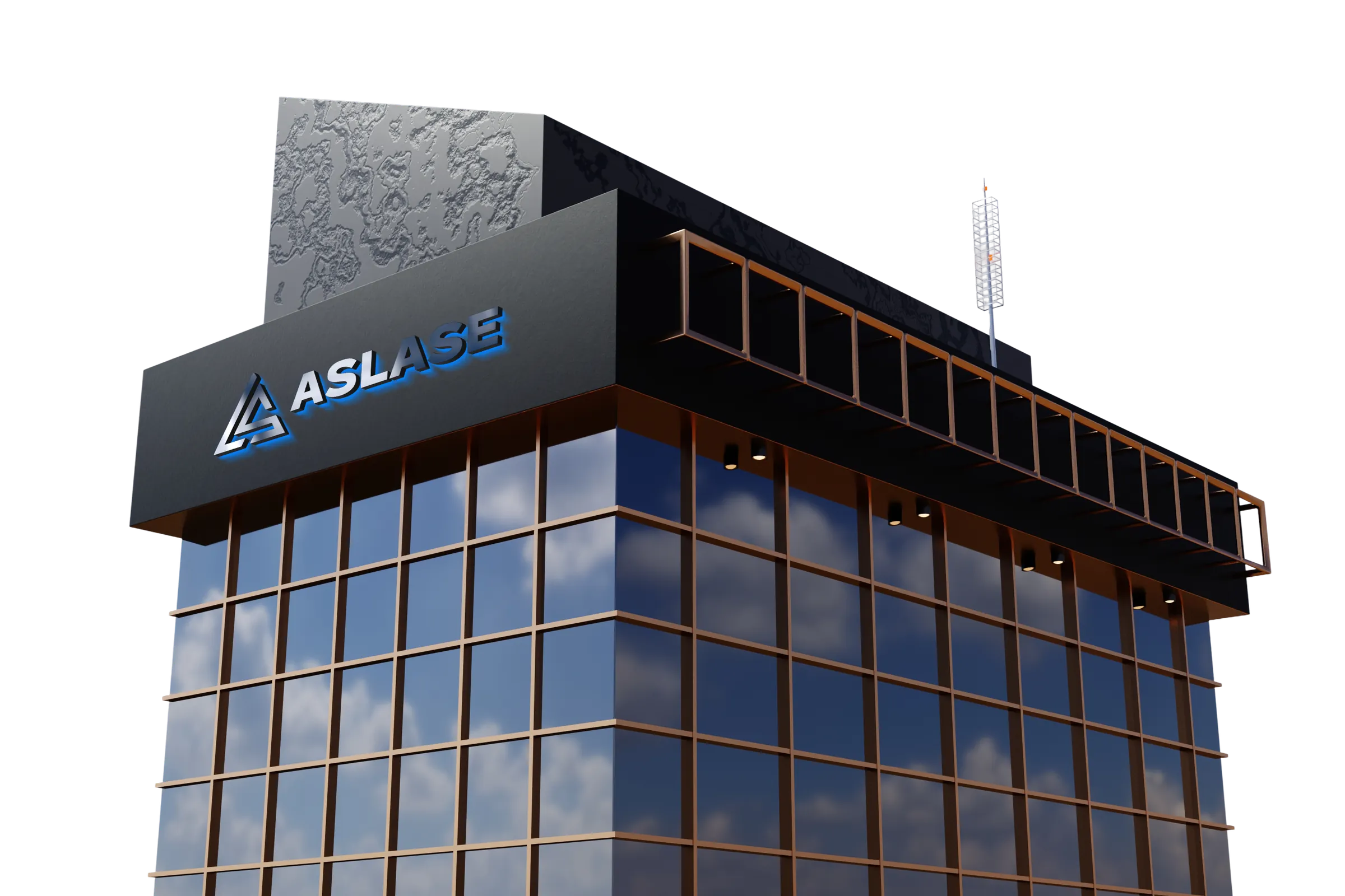 Illustration of an office building with the Aslase logo